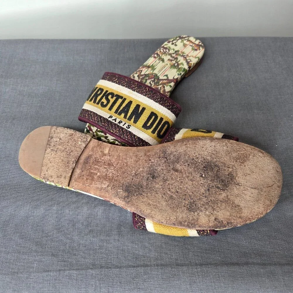 Dior Multicolor Canvas Logo Slide Sandals with Yellow Stripe